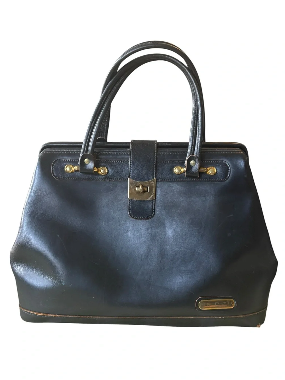 Vintage Black Leather Structured Doctor Medicine Style Bag Handbag
